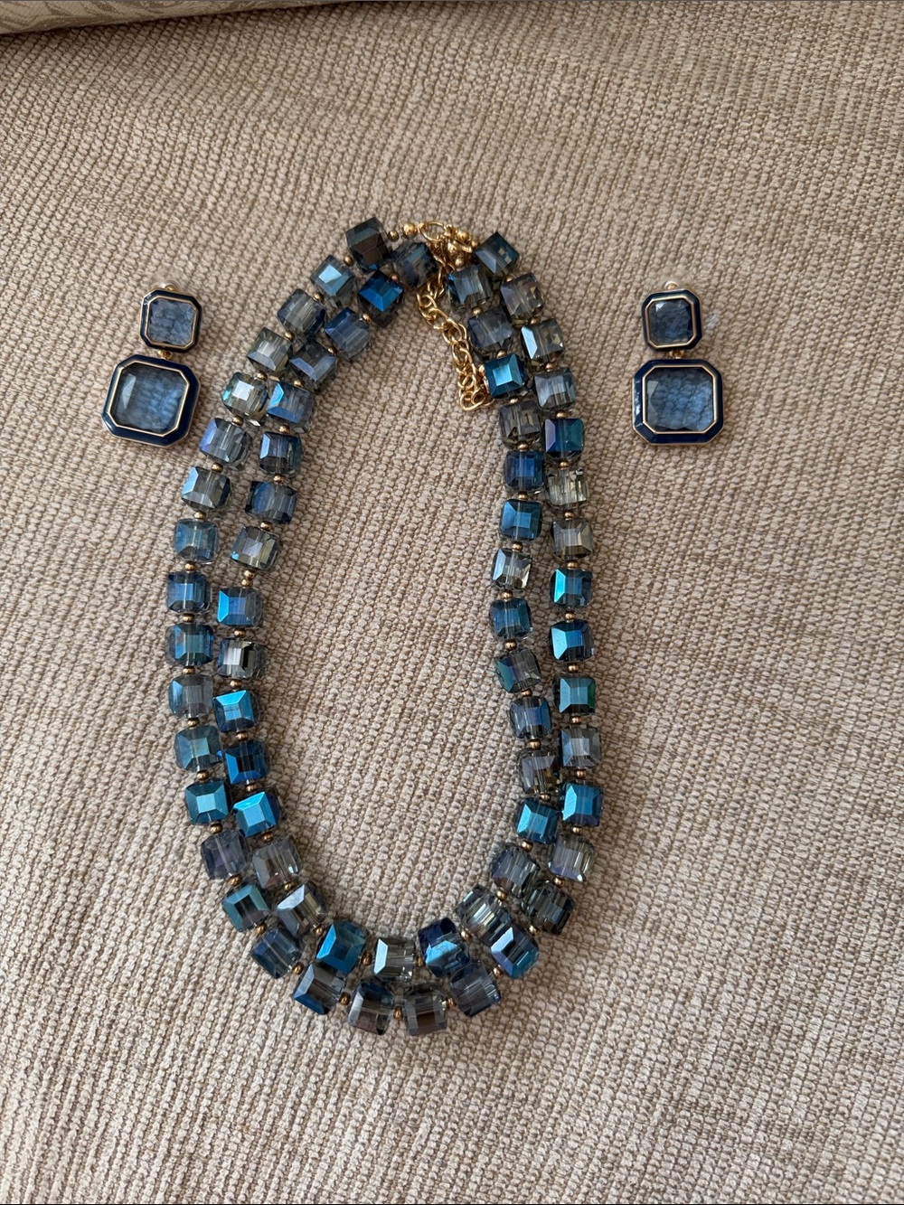 Blue Crystal Double-Strand Necklace with Matching Earrings - Unbranded